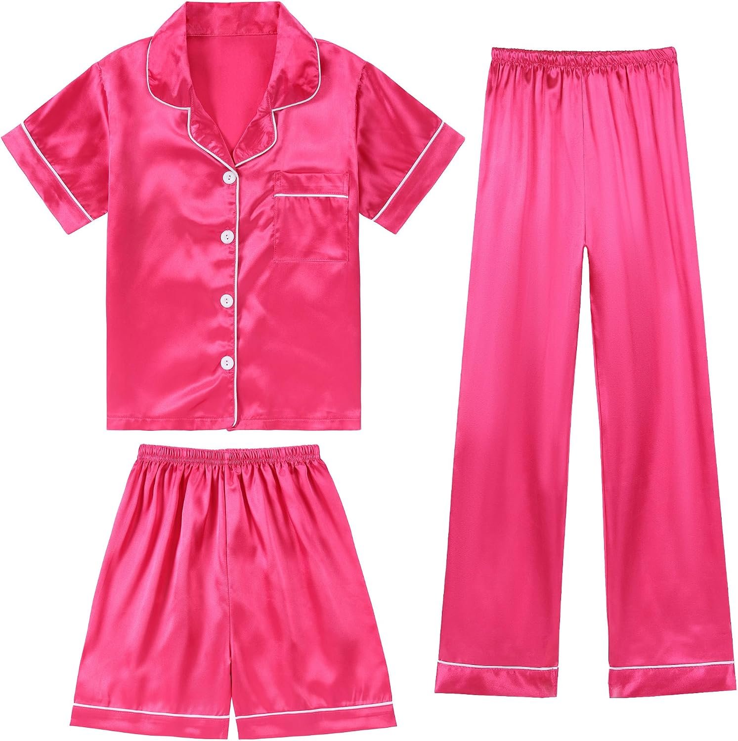 DIPUG Girls Pajamas 3 Pcs Satin PJs Set Silky Soft Sleepwear for Ages 4-13 | Gift for Sleepover Parties Kids