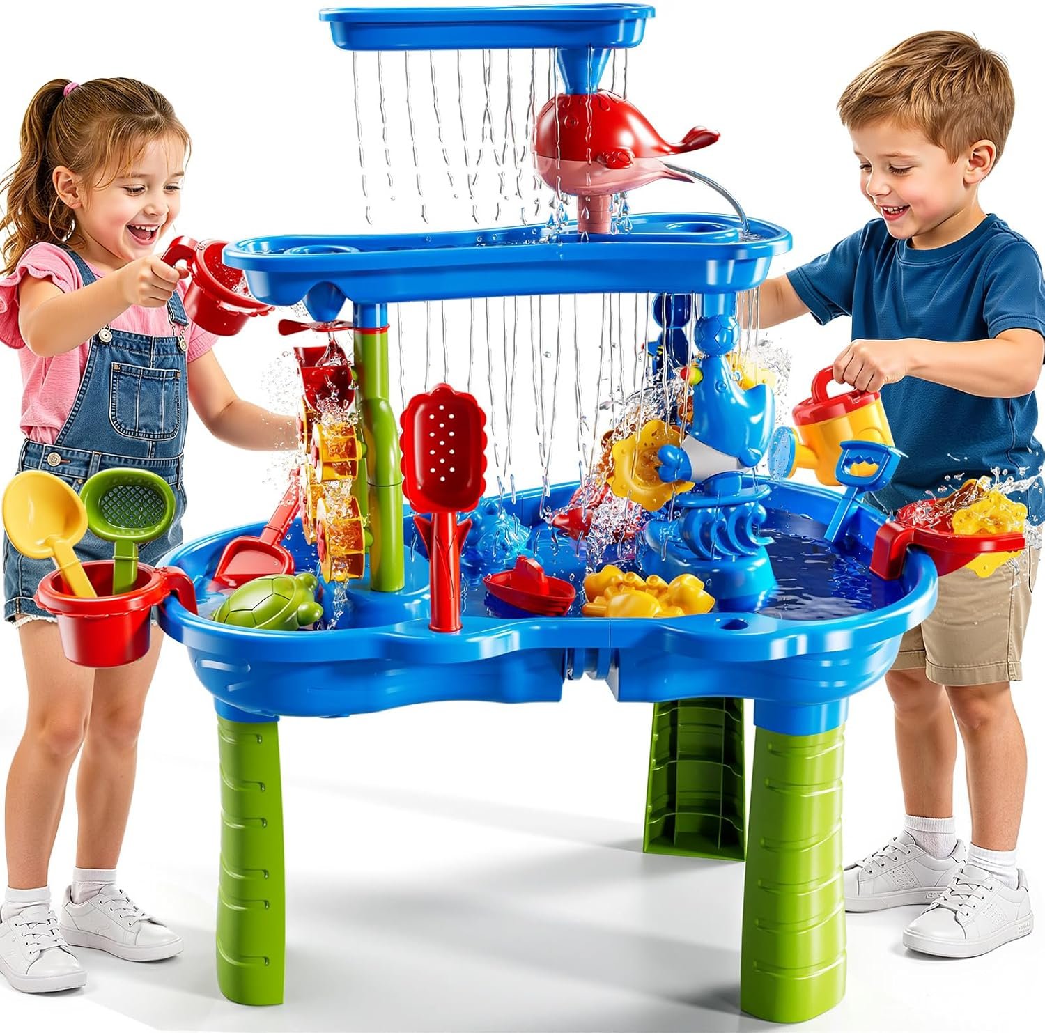 JUKUDAHU 3-Tier Sand and Water Table Toys for Kids Aged 3 4 5 6 7 8, Outdoor Activity Playset Sensory Play Table with Beach Toys Accessories Water Waterfall, Birthday Gifts for Toddlers 3-4 3-5 4-6