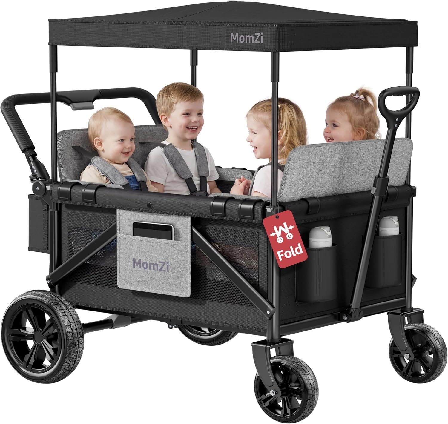4 Seater Wagon Stroller for Kids, Collapsible Wagon Stroller with Removable Canopy, Foldable Stroller Wagon with Seat and Storage Pocket for Baby Toddlers Black