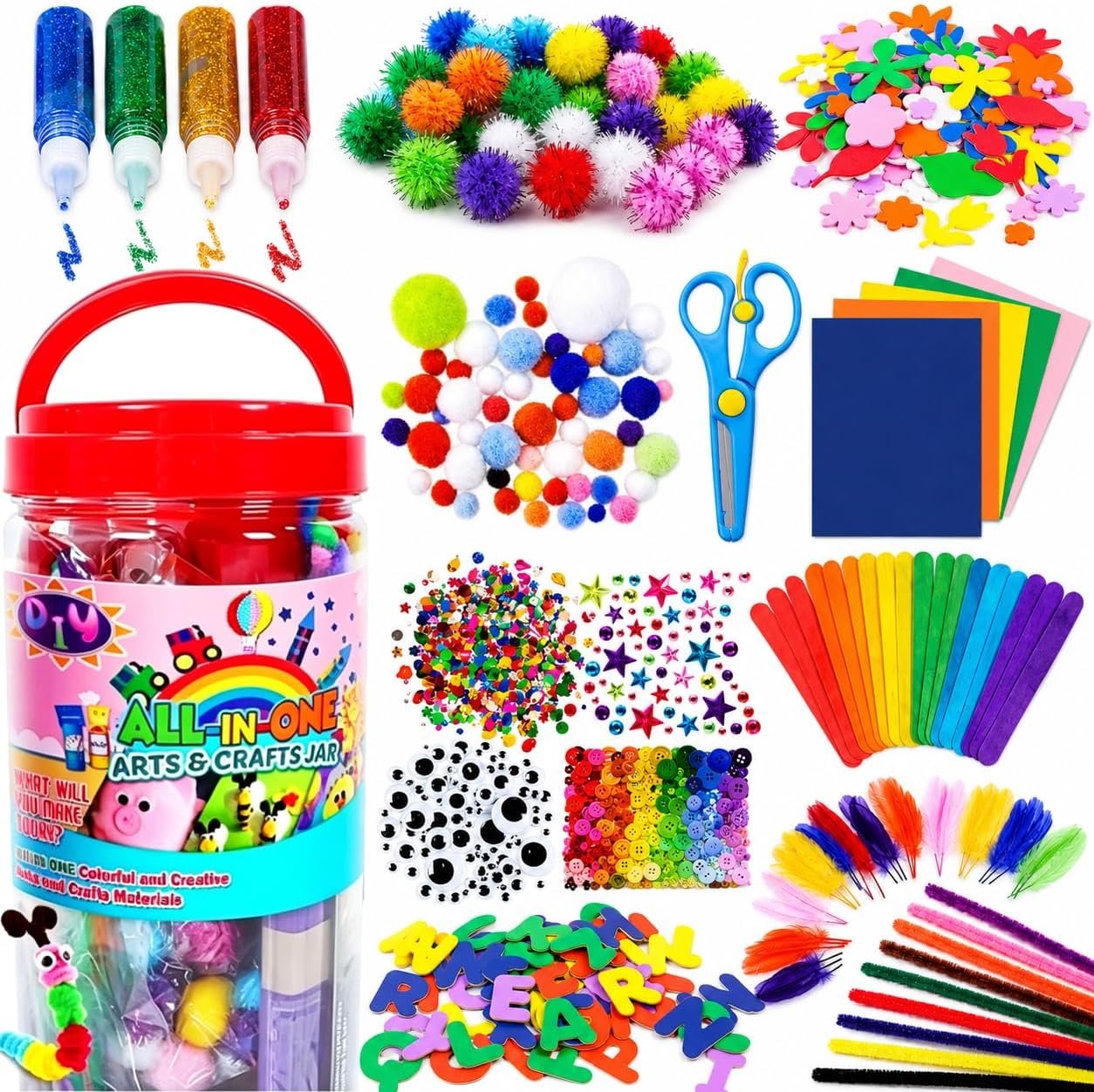 FUNZBO Arts and Crafts Supplies for Kids – Toddlers Craft Kit with Glitter Glue Stick, Pipe Cleaners, Pom Poms, Popsicle Sticks Tools, DIY School Supplies Kit, Birathday Gifts for Girls Boys Age 4+