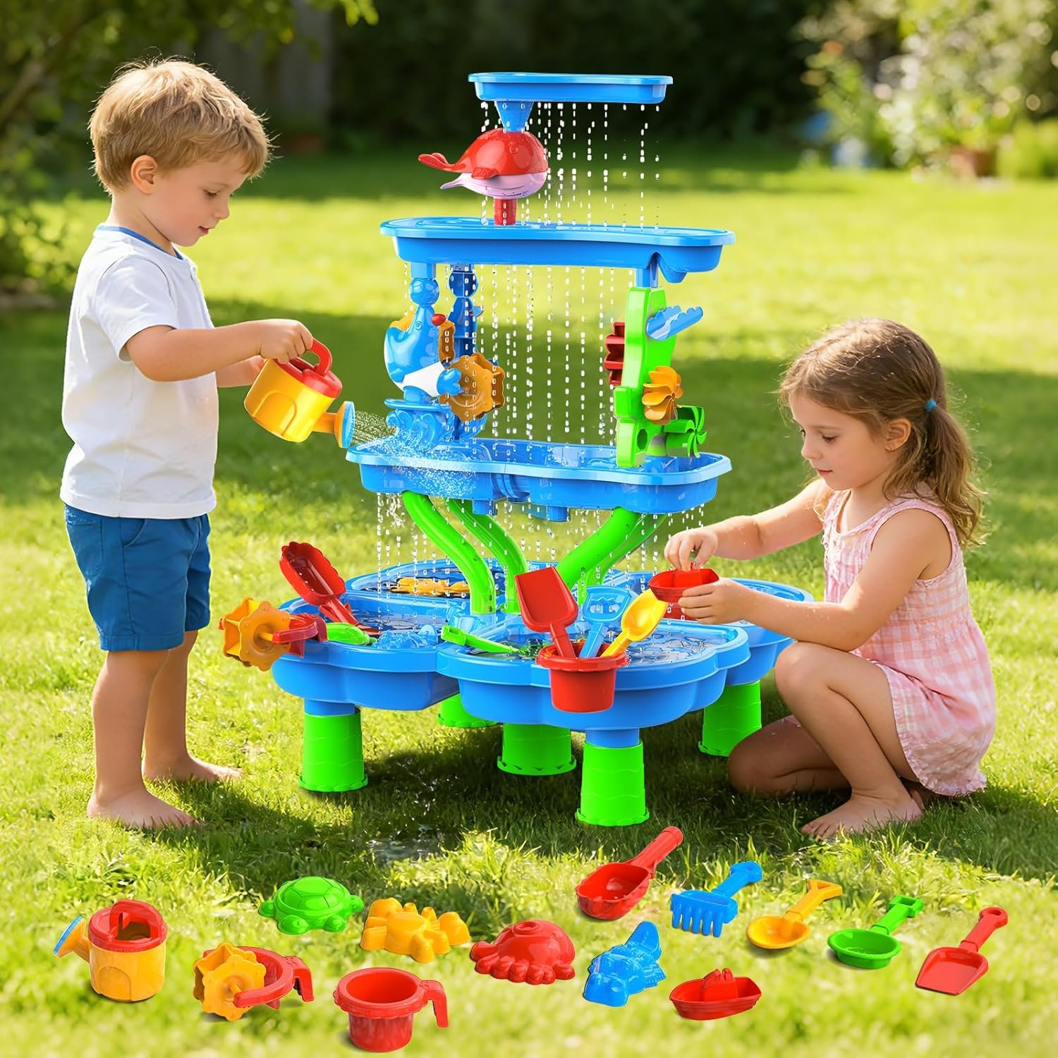 Water Sand Table for Toddler Kids – 4-Tier Multifunctional Summer Toys,Outdoor Backyard Beach Playset with Stable Design,Sensory Learning Activity Game Gift for Boys Girls(Navy)