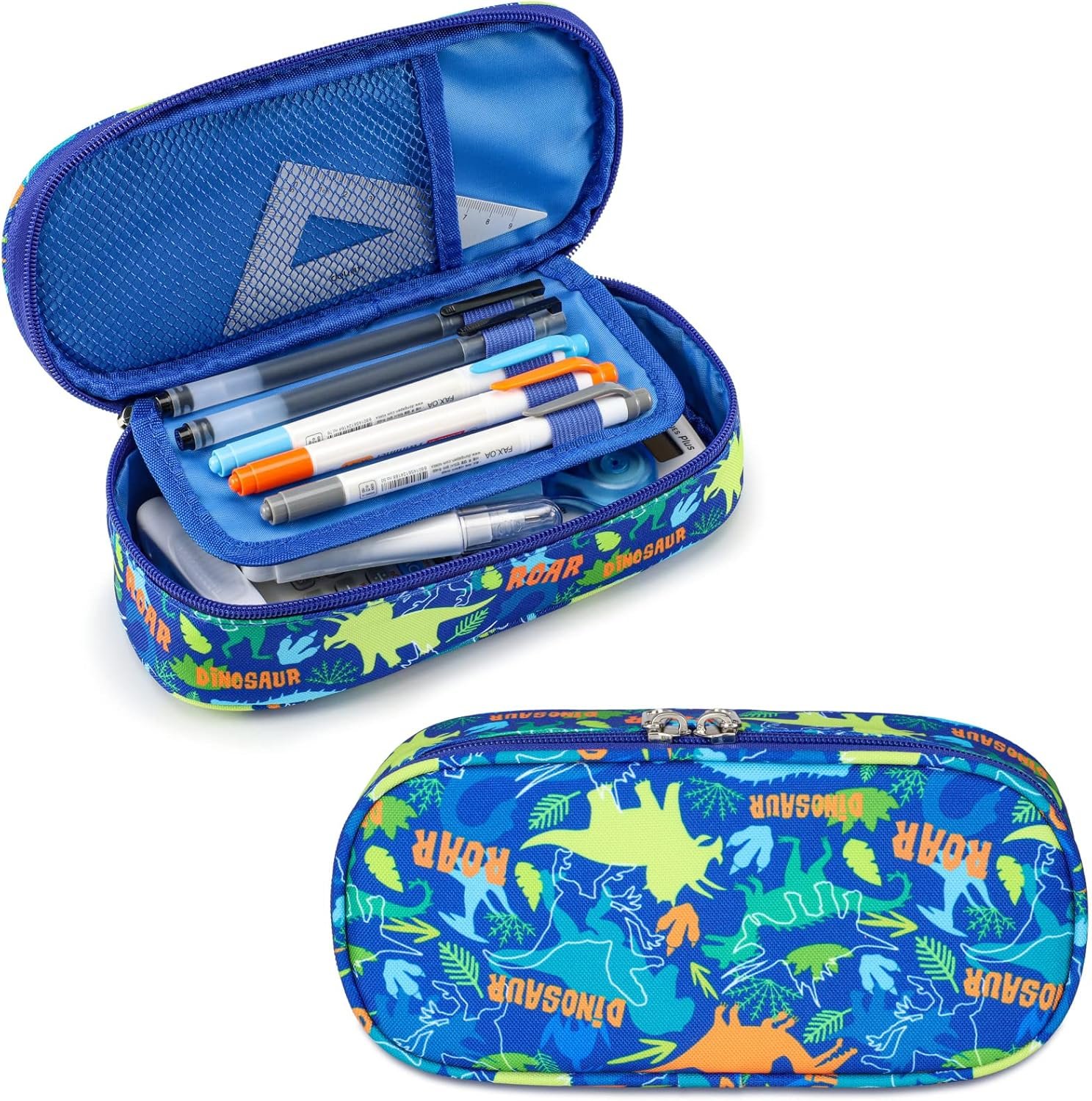 Bagseri Pencil Pen Case for Boys – Cute Pencil Case for Kids Large Capacity Pencil Pouch Organizer Multi-Slot Pencil Box for School, Pen Case Only (Blue Dinosaur)