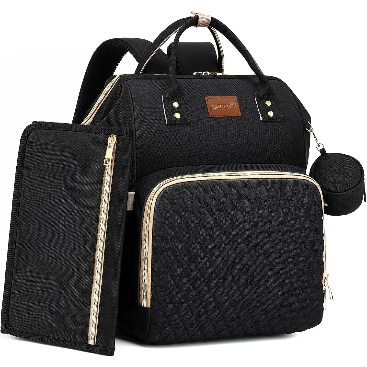 ROSEGIN Diaper Bag Backpack with Changing Pad Pacifier Case, Baby Bag for Boy Girl Toddler – Large,Stylish, Waterproof Travel Quilted Diaper Bag for Mom – Baby Shower Gifts, Black