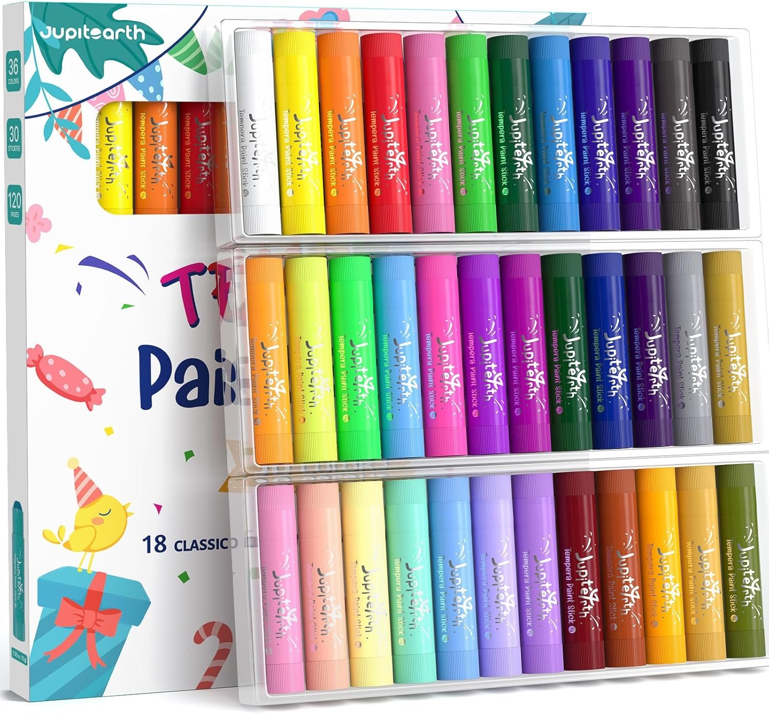 JUPITEARTH Paint Sticks for Kids 36 Colors, Quick Drying, Smooth, Non-Toxic and Washable Solid Tempera Paint Sticks with 120 PDF Coloring Pages and 30 Stickers, Toddler Art Supplies for Drawing