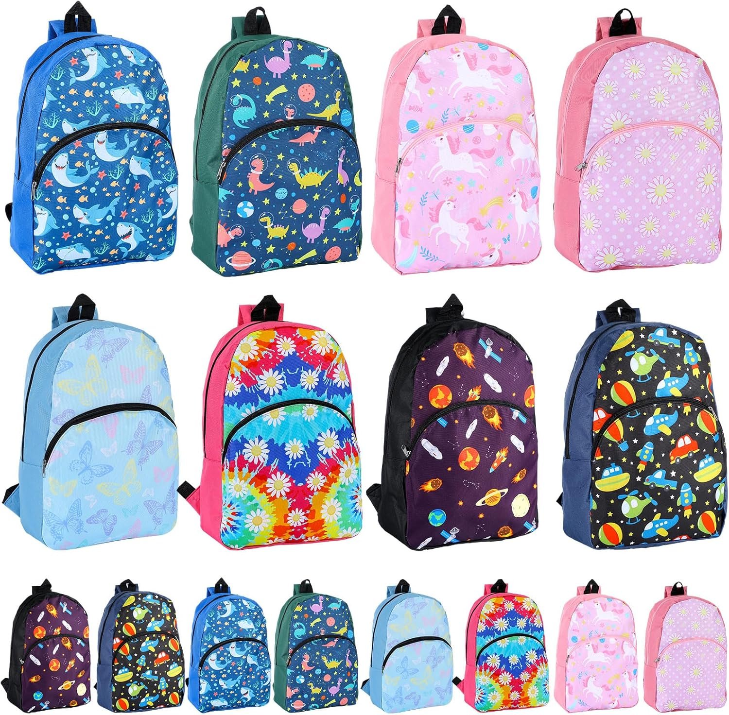 12 Pack School Backpack Bulk 15”, Assorted Printed Bookbags for Boys Girls, Donations Supplies (Fun)