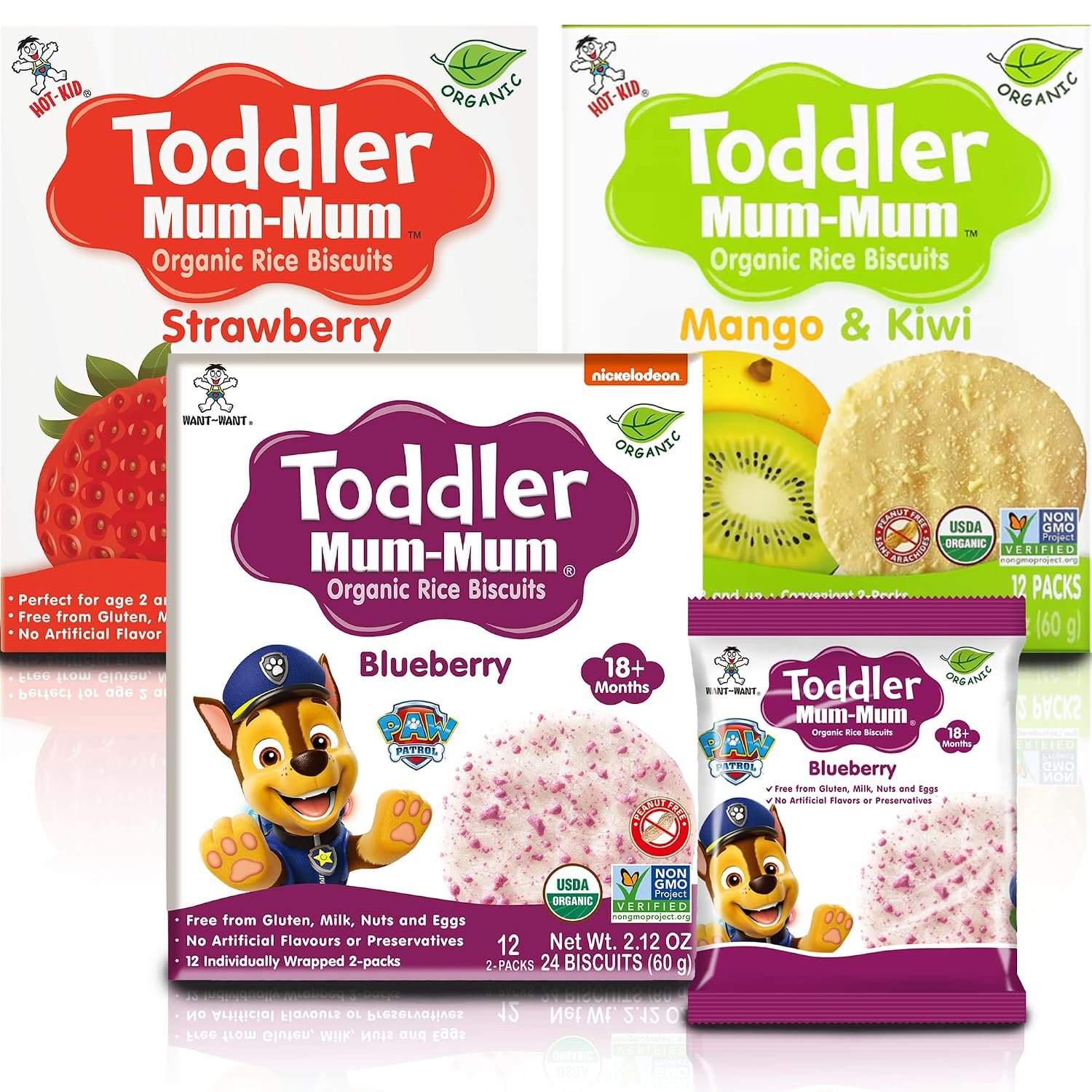Toddler Mum-Mum Organic Rice Biscuits, Blueberry, Strawberry, Mango & Kiwi Variety Pack | 24 Count (Pack of 3) | Gluten Free, Allergen Free, Non-GMO | Toddler Snacks, Rice Rusk Crackers