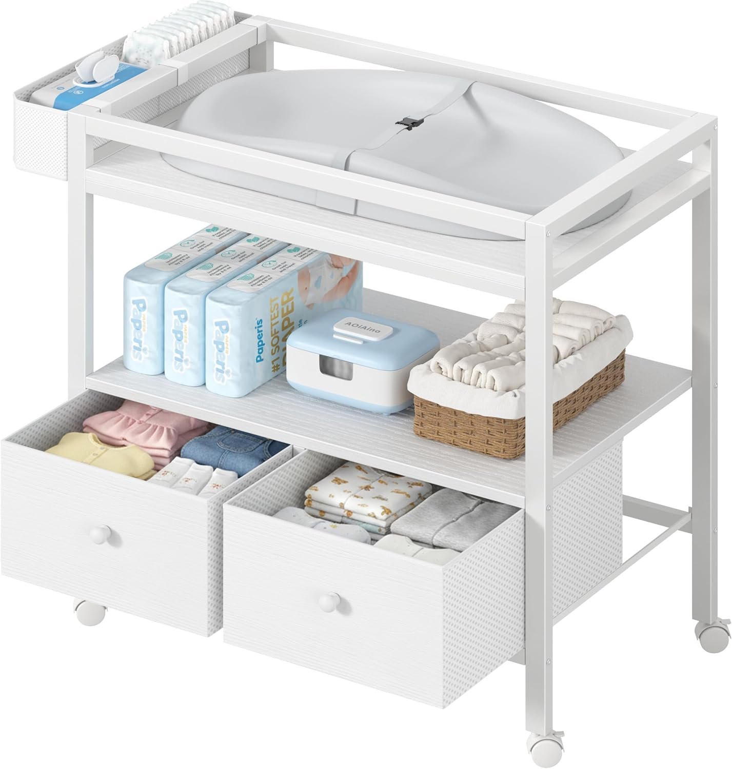 BOLUO Baby Changing Table with Storage, White Baby Dresser with Changing Table Top, Diaper Changing Station with 2 Fabric Drawers for Nursery Modern