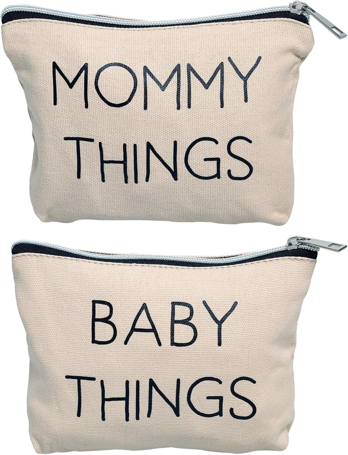 Pearhead Mommy and Baby Things Zipper Pouches, Set of 2, Organizer Bags | Diaper Bag Storage Organizer, Canvas Zipper Organize Bags for Travel or Hospital Bag, New Mom Gift, Cosmetic Makeup Bag