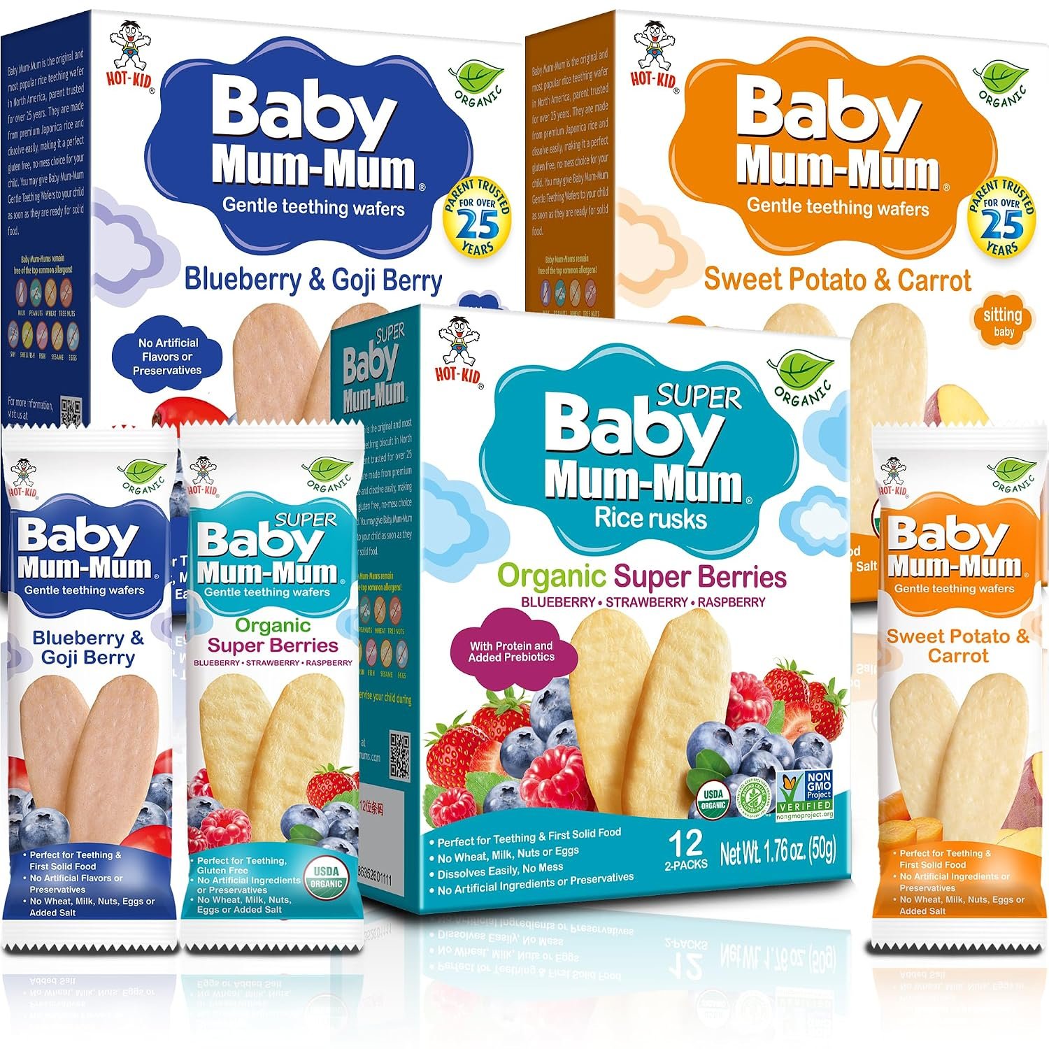 Baby Mum-Mum Organic Gentle Teething Crackers, Blueberry & Goji Berry, Super Berry, Sweet Potato & Carrot Variety Pack | 24 Count (Pack of 3) | Gluten Free, Allergen Free, Non-GMO