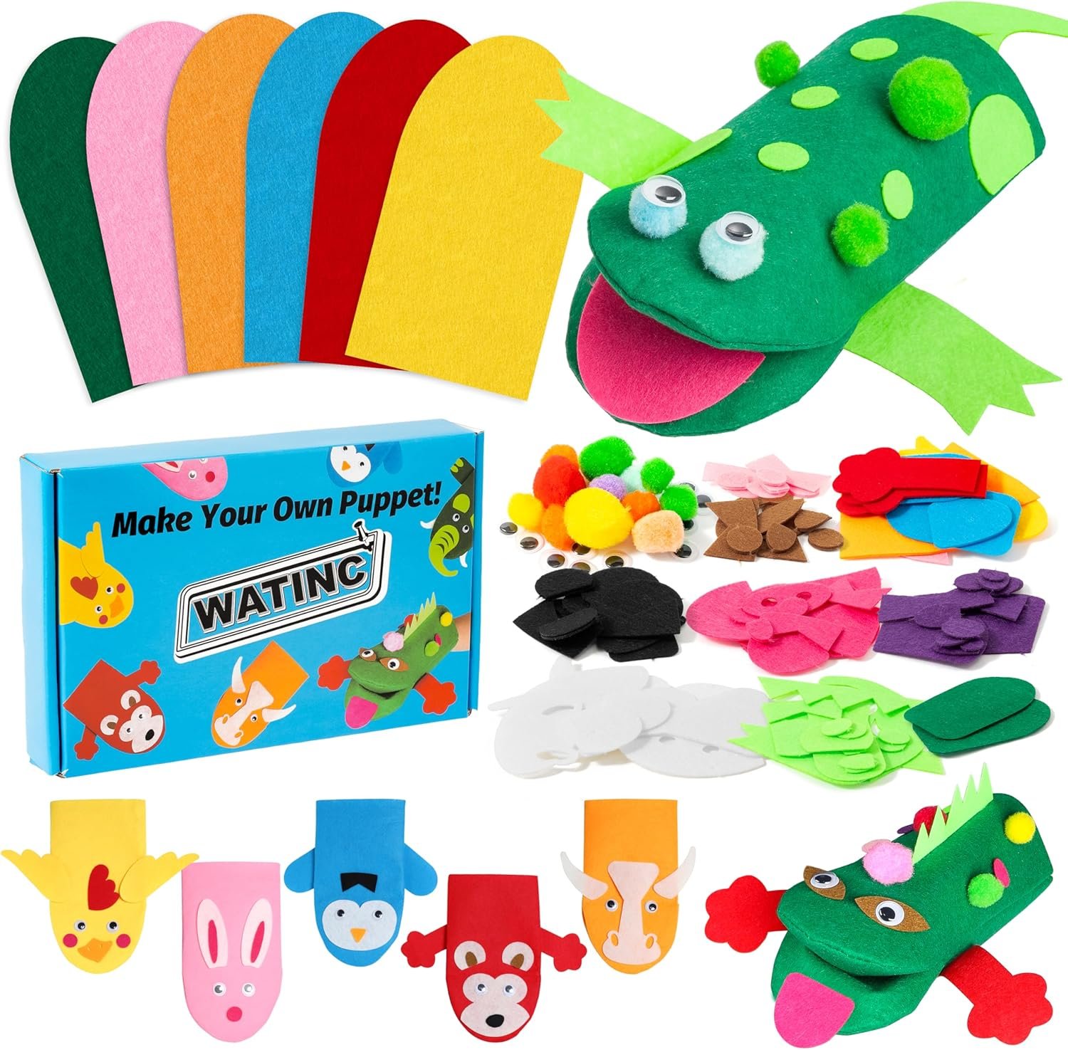 WATINC 6Pcs Hand Puppet Making Kit, Art Craft Felt Sock Puppet Toys, Creative DIY Make Your Own Pompoms Wiggle Googly Eyes Storytelling Role Play Party Supplies Gift for Girls Boys (Animals)