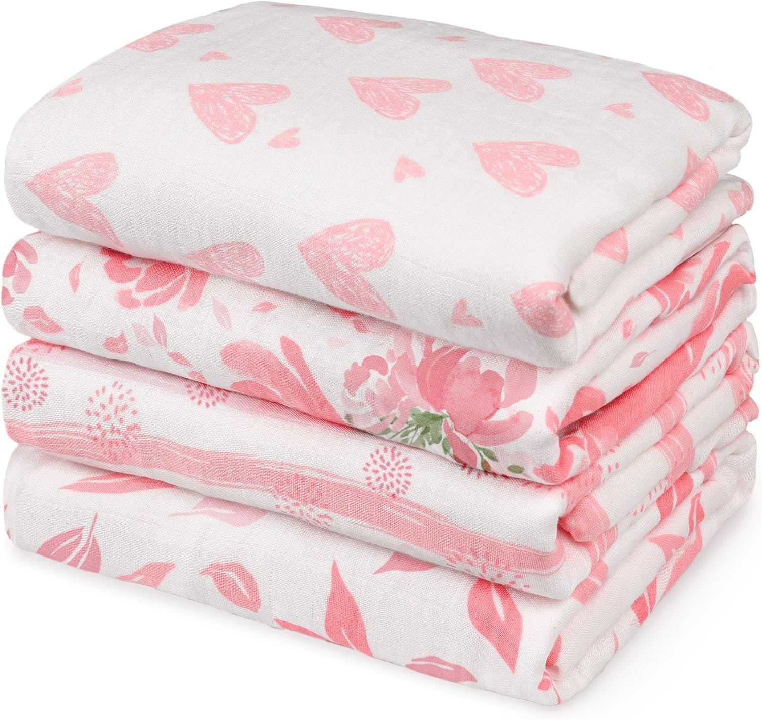 GLLQUEN BABY Muslin Swaddle Blankets 4-Pack Breathable Receiving Blankets (35″ x 40″) Soft Baby Blankets for Girls and Boys Newborn Essentials Muslin Burp Cloths Swaddle Wrap Baby Gift (Flower)