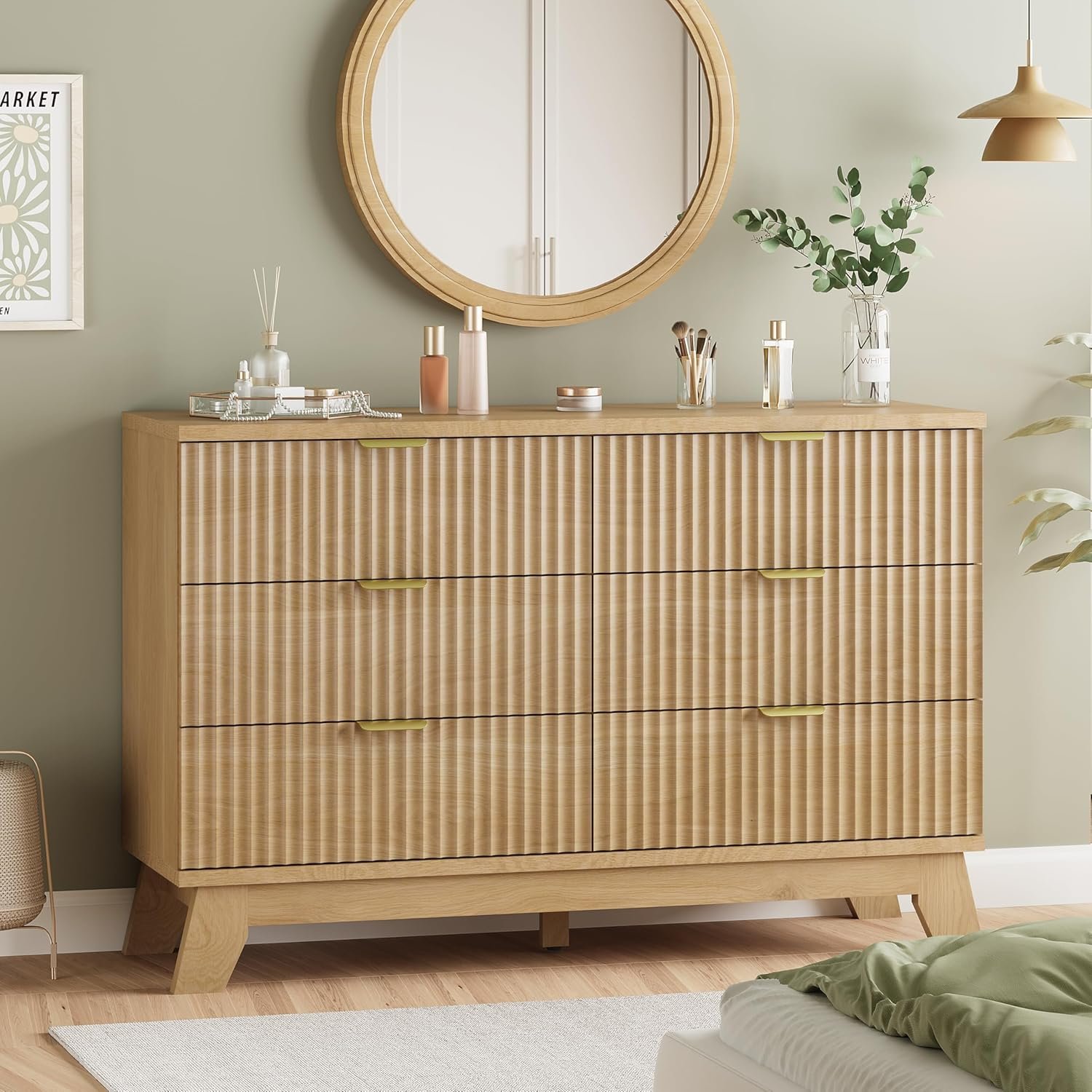 Fluted Dresser for Bedroom with 6 Drawers, 48″ Wide Modern Chest of Drawers with Metal Handle, Wooden Dresser TV Stand, Wood Closet Clothes Storage Organizer for Living Room, Hallway, Natural Oak