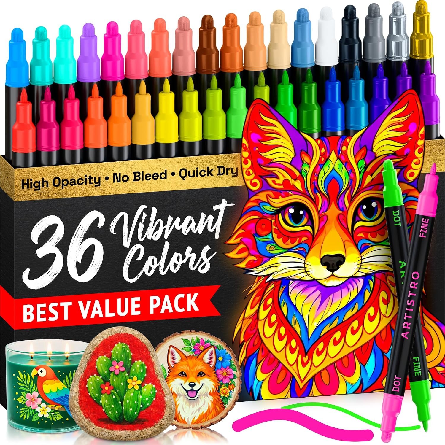 ARTISTRO 36 Precision Dual-Tip Acrylic Paint Markers – Paint Pens Set with Dot & Fine Tips for Fabric, Rock, Glass, Wood, Coloring Books – Arts & Crafts Gift – Classroom Must Haves & School Supplies