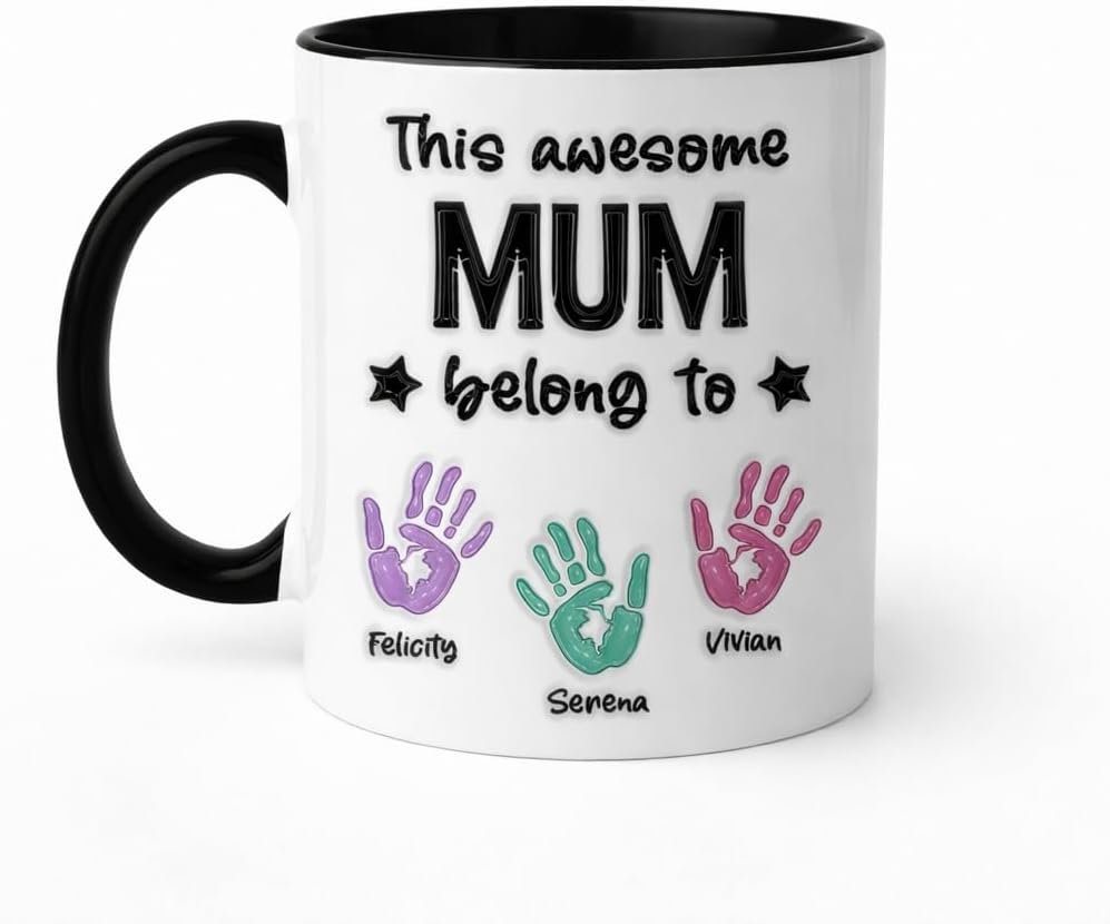 Personalized Mom Mug With Kids Names, This Awesome Mum Belongs To Coffee Mug, Handprint Design Mother Cup, Gifts for Mom from Kids, Birthday Mothers Day Mom Gift