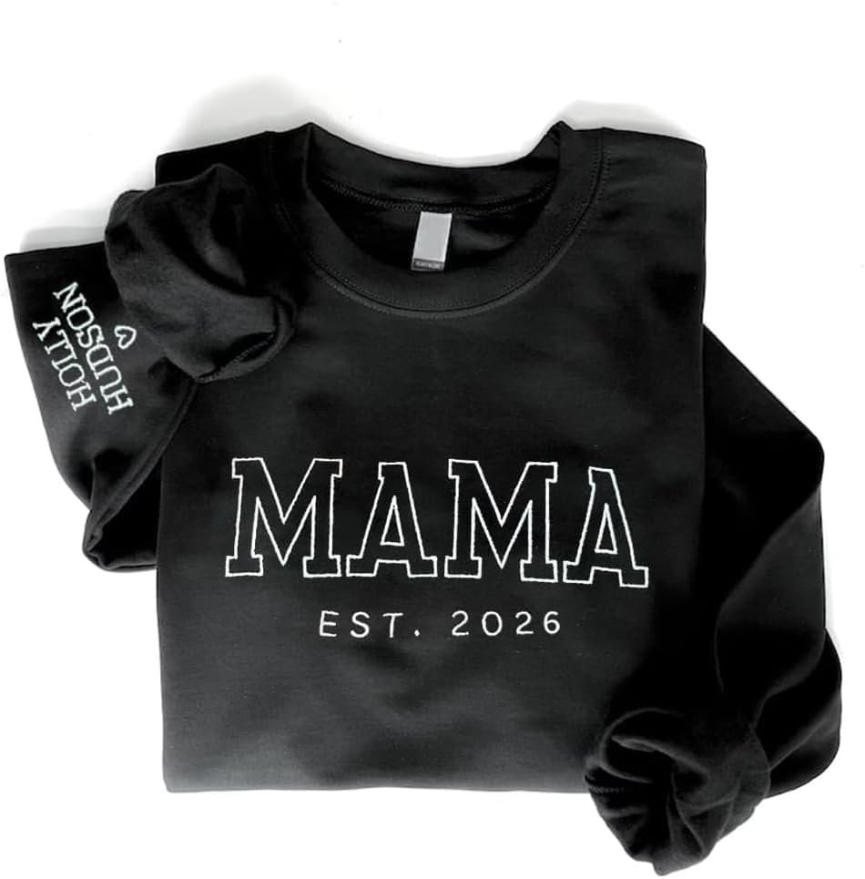 GODMERCH Personalized Embroidered Mama Sweatshirt With Kid Names On Sleeve, Mom Sweatshirt For Women, Gifts For Mommy Grandma Mothers Day Christmas, New Mom Gifts