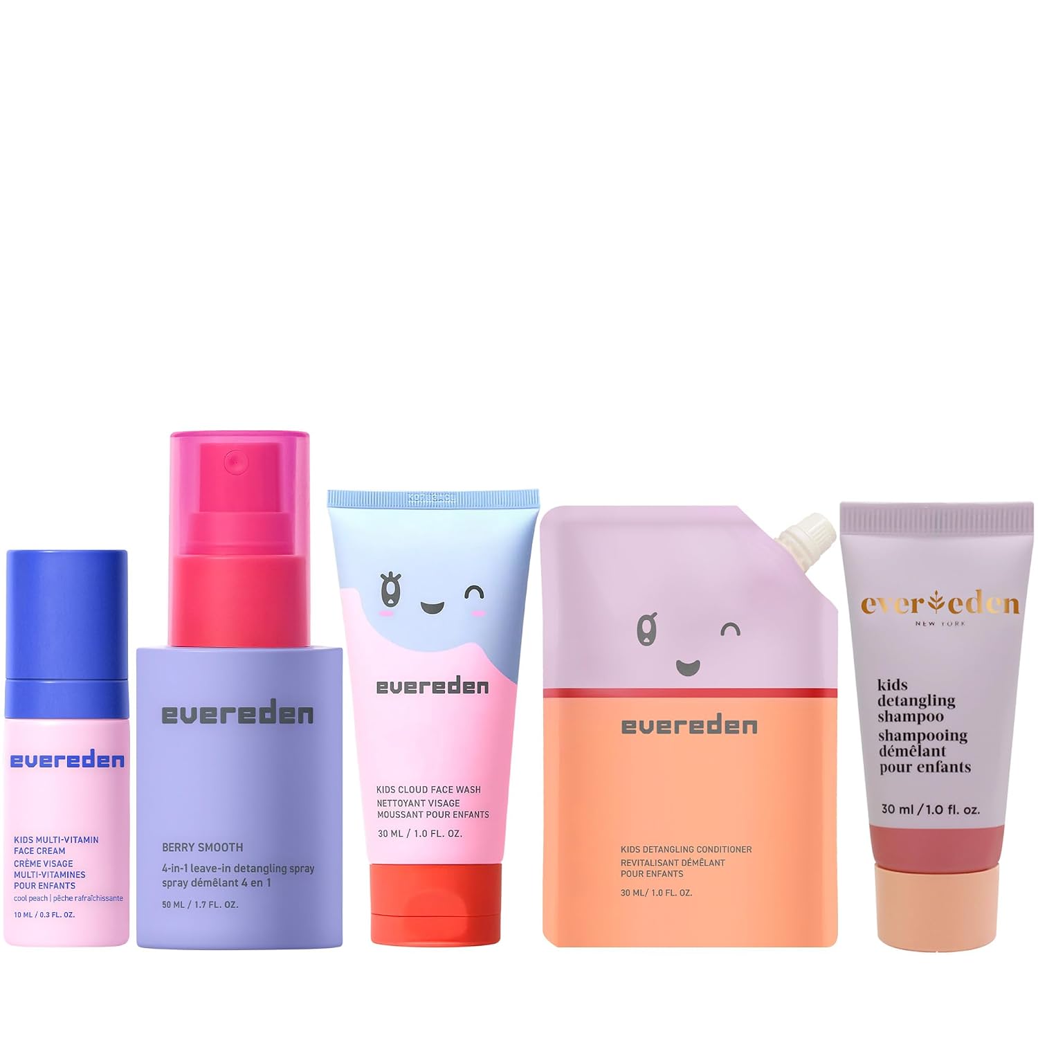 Evereden Kids Travel Set, 5-Piece Mini Skin & Hair Care, TSA-Friendly | Dermatologist-Tested, Face Wash, Cream, Detangling Spray, Shampoo, Conditioner, Travel Size Toiletries for Kids