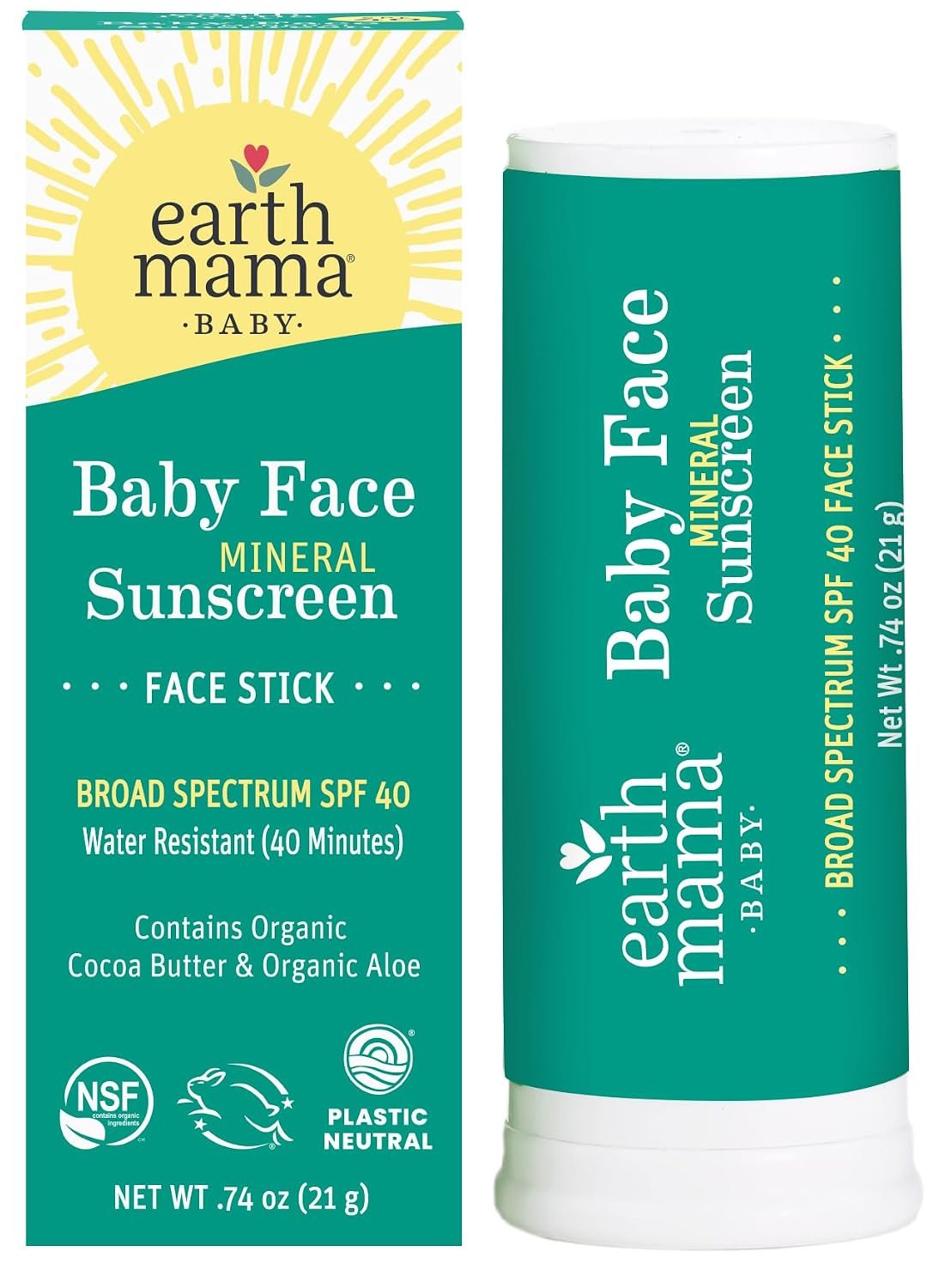Earth Mama Baby Face Mineral Sunscreen Stick SPF 40-0.74 oz – Non-Nano Zinc – Broad Spectrum Sunscreen for Babies, Kids & Family – Water Resistant Sun Protection
