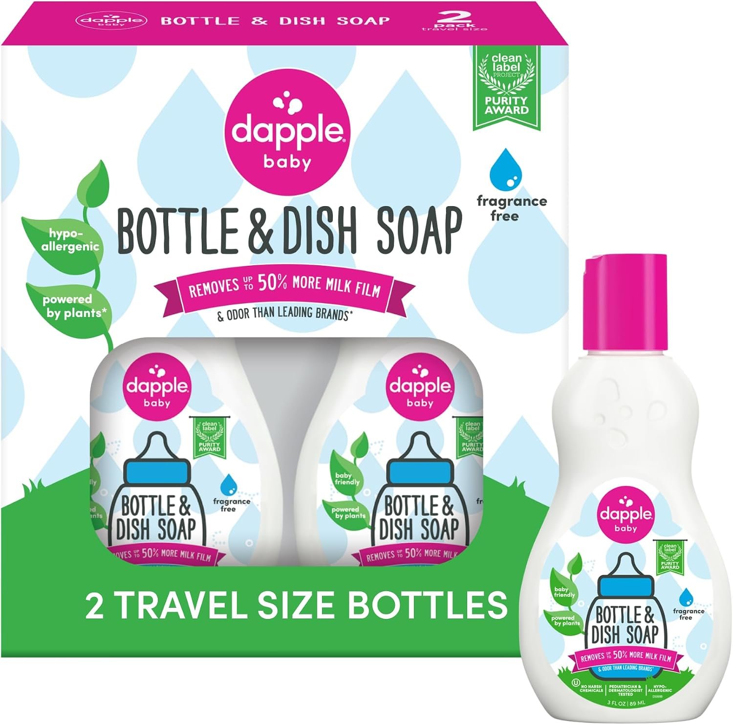 Dapple Baby Fragrance-Free Baby Bottle & Dish Soap – (2 Pack) 3 fl oz – Plant-Powered Cleaner for Bottles, Pump Parts, and Sippy Cups – Travel Size
