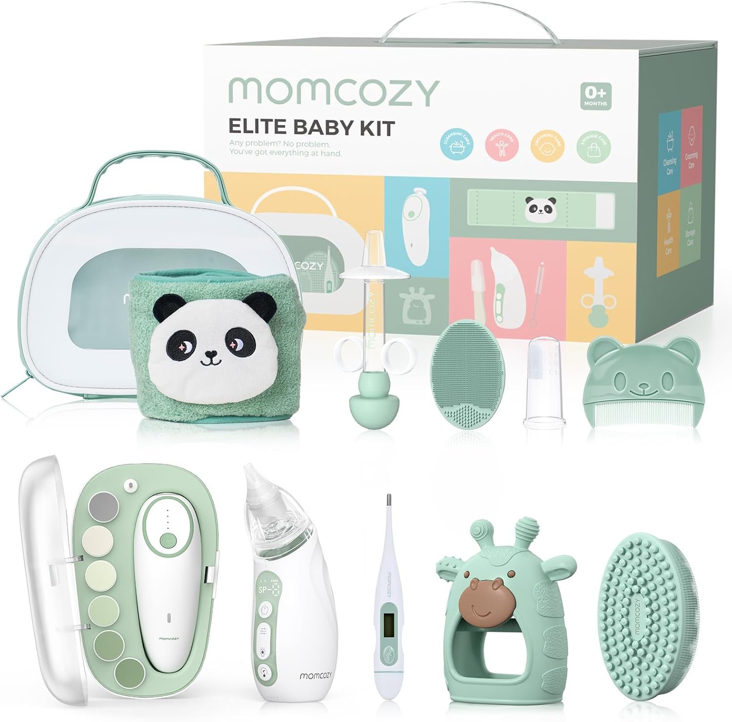 Momcozy Elite Baby Kit, Superior Baby Shower Gift & Registry Essential Kit | Grooming&Health&Cleansing Care Set,Electric Nail File & Nasal Aspirator,Tummy Wrap,Thermometer,Bath Brush,Teether,Storage Bag