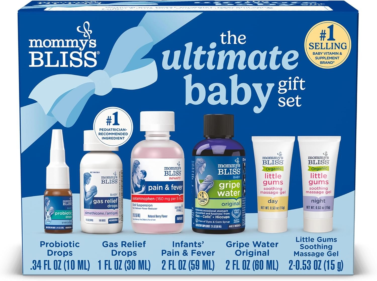 Mommy’s Bliss Ultimate Baby Gift Set | Gripe Water, Probiotic Drops, Pain & Fever Medicine, Gas Relief Drops, and Gum Massage Gel