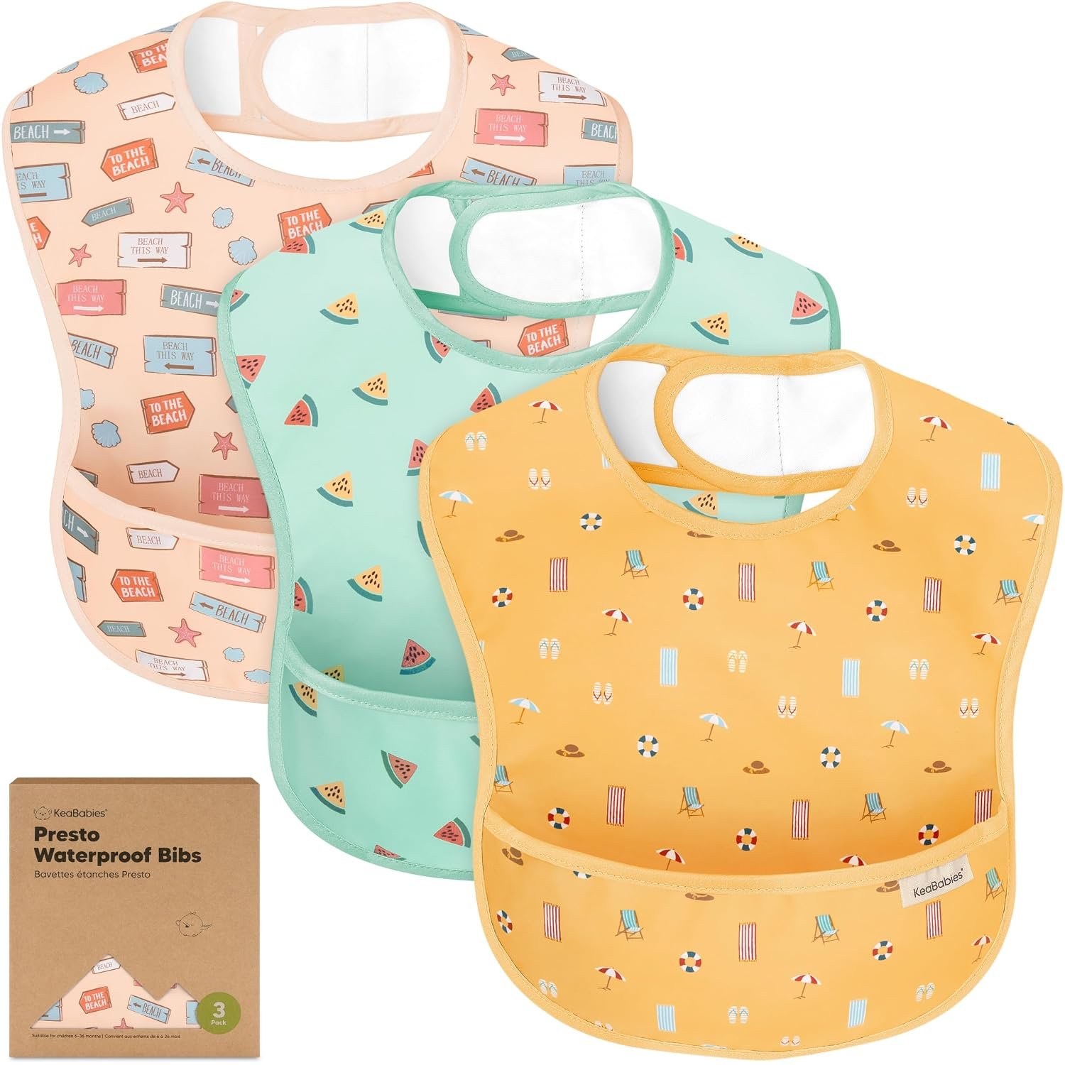 KeaBabies 3-Pack Waterproof Baby Bibs for Eating, Lightweight (Beach Day)