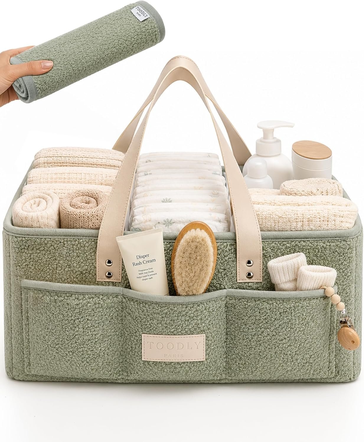 Baby Diaper Caddy Organizer with Portable Changing Mat – Teddy Fleece Diaper Organizer for Changing Table – Basket for Changing Essentials – Baby Essentials Organizer with Removable Dividers | Sherpa teddy fleece nursery storage basket, removable velcro dividers, wipeable interior, newborn shower gift, car and travel