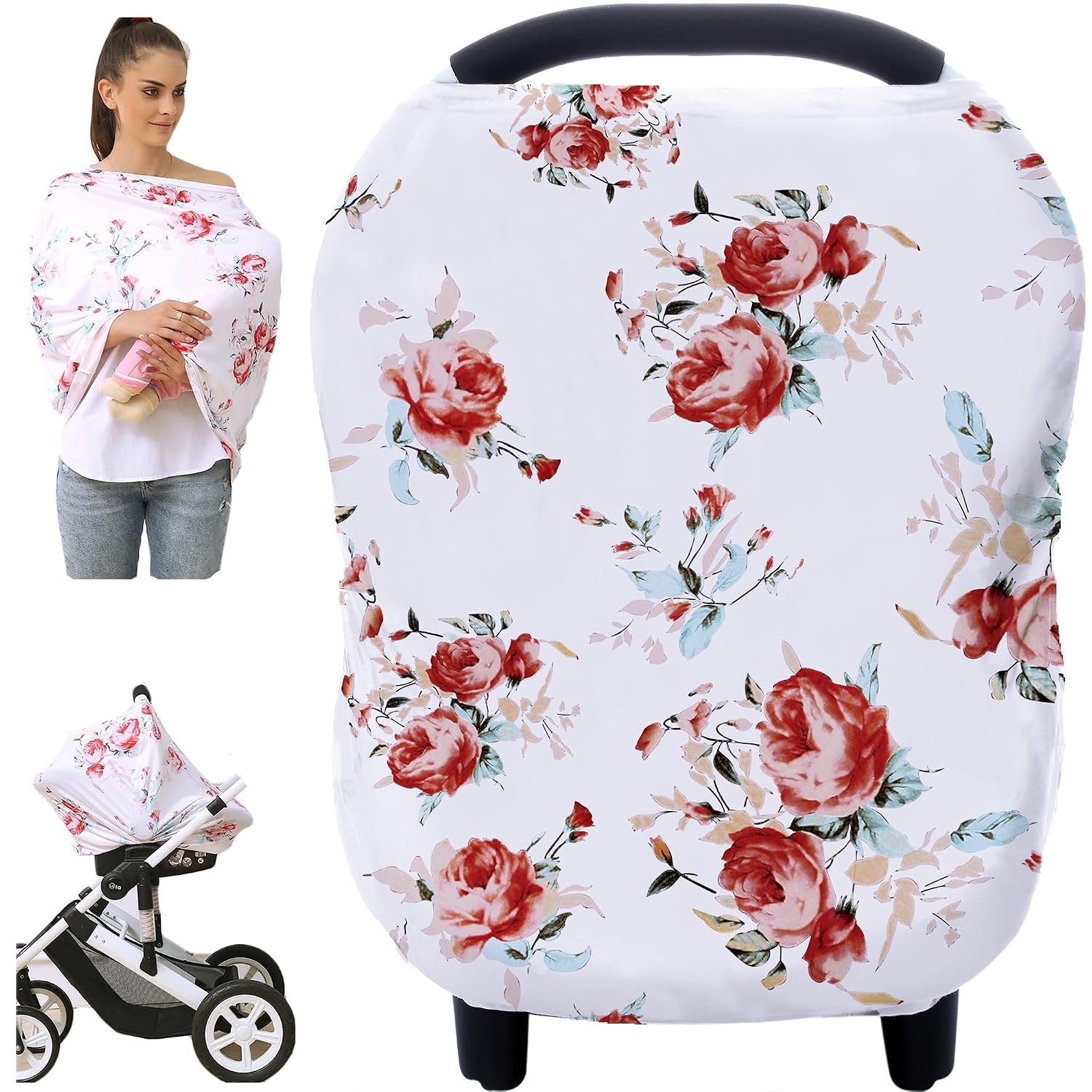 Baby Car Seat Covers – Stroller Canopy Breastfeeding Covers, Multi-use Carseat Canopy, for Boys and Girls Shower Gift (Print Flower)