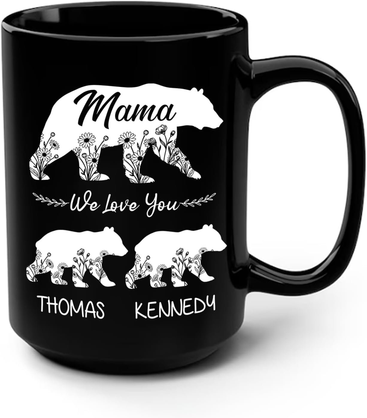 Personalized Mama We Love You Mug with Kids Names, Customized Mummy Birthday Ceramic Cup 11oz 15oz, Mama Bear Black Coffee Mug, Cup Gift for Mommy from Childrens, Best Mom Ever Pottery Cups
