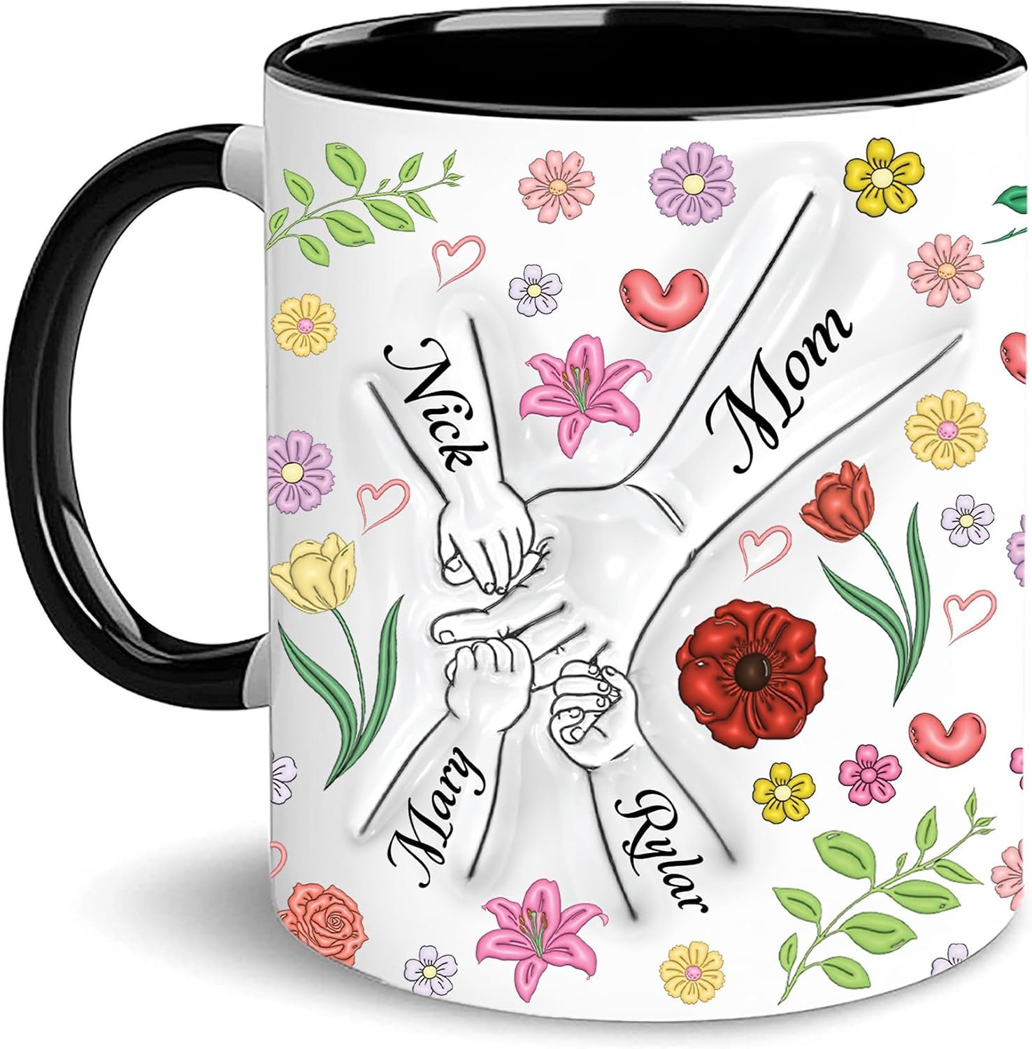 Personalized Mama Coffee Cup Flower, Lovely Mug Gift With Kid Name For Mom, Custom Mom Mugs Gift, Unique Mommy Cups on Mother’s Day Christmas, Accent Cups Black 11oz or 15oz SL6225442