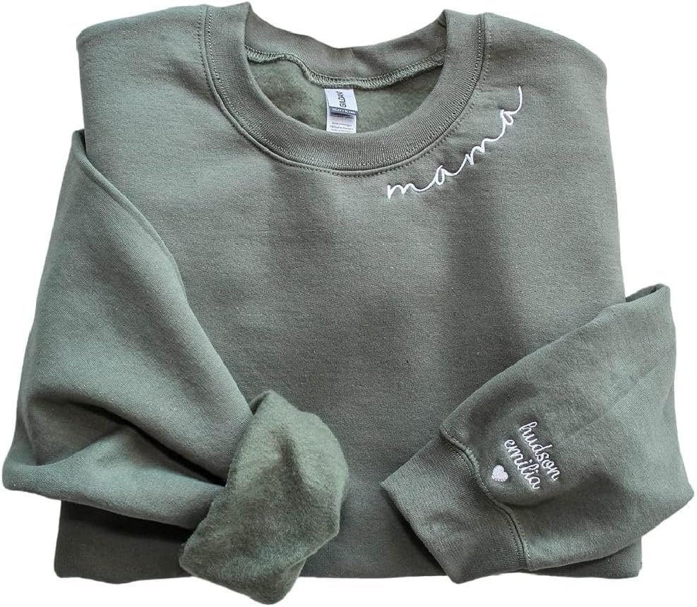 Pofily Personalized Embroidered Mama Sweatshirt With Kid Names On Sleeve, Mom Sweatshirt For Women, Gifts For Mom Grandma