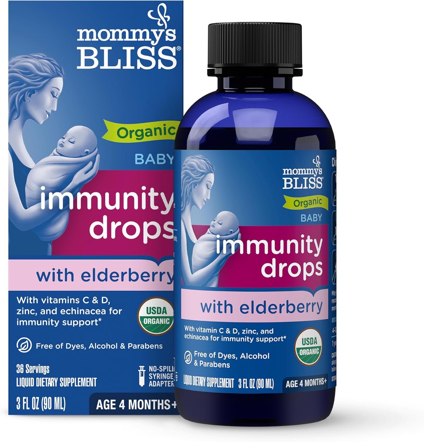 Mommy’s Bliss Organic Baby Elderberry Drops, Immune Support with Vitamins, Prebiotics, Zinc & Organic Echinacea, Age 4 Months +, 3 Fl Oz (36 Servings)